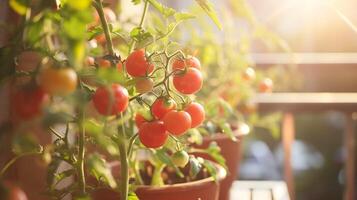 ai generiert reif Tomaten im Terrakotta Töpfe. Balkon im Sonnenlicht. Zuhause Garten. Gartenarbeit, Pflanzen, einheimisch Konzept foto