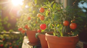 ai generiert reif Tomaten im Terrakotta Töpfe. Balkon im Sonnenlicht. Zuhause Garten. Gartenarbeit, Pflanzen, einheimisch Konzept foto