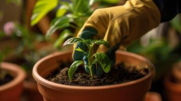 ai generiert Nahansicht von Hände im Gelb Handschuhe Pflanzen oder Pflege zum jung Grün Pflanze im Topf. Gartenarbeit Tipps, Pflanze Pflege, Umwelt Erhaltung Hintergrund. foto