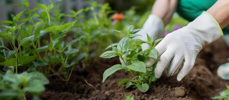 ai generiert Nahansicht von Hände im Weiß Handschuhe Pflanzen oder Pflege zum jung Grün Pflanzen. Gartenarbeit Tipps, Pflanze Pflege, Umwelt Erhaltung Hintergrund. foto