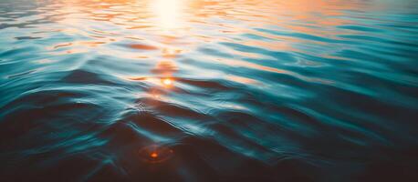 ai generiert Ruhe Wasser Oberfläche Hintergrund mit Wellen und golden Sonnenlicht Betrachtung. zum Meditation visuell, Natur inspiriert Design, inspirierend Inhalt, oder heiter Tapeten. foto