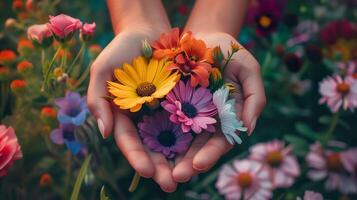 ai generiert Frau Hände halten ein beschwingt mischen von Sommer- Blumen im ein üppig Garten, Gelb blüht, Rosa Gänseblümchen Hintergrund foto