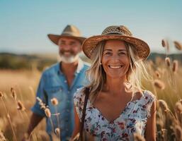 ai generiert Sonnenschein Spaziergänge Liebe im später Jahre foto