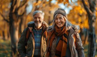 ai generiert Sonnenschein Spaziergänge Liebe im später Jahre foto