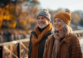 ai generiert Sonnenschein Spaziergänge Liebe im später Jahre foto