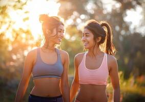 ai generiert froh Schritte geteilt Lachen auf das Lauf foto