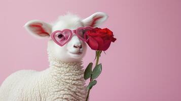 ai generiert Lamm halten ein rot Rose tragen herzförmig Rosa Sonnenbrille foto