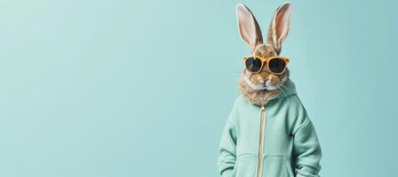 ai generiert komisch Ostern Konzept Urlaub Tier Feier Gruß Karte - - cool süß Ostern Hase, Hase mit Sonnenbrille und Joggen passen mit Hase Ohren, isoliert auf Blau Hintergrund foto