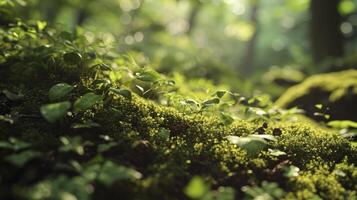 ai generiert Grün Blatt und Moos im das Wald Landschaft Hintergrund foto