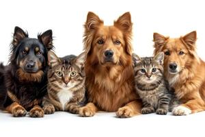 ai generiert freundlich Porträt von Hunde und Katzen auf ein Weiß Hintergrund foto