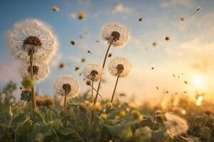 ai generiert schön flauschige Löwenzahn und fliegend Saat draußen beim Sonnenuntergang foto