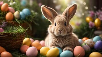 ai generiert süß flauschige Ostern Hase und bunt Eier auf Grün Gras, schließen oben und selektiv Fokus Bild zum Design foto