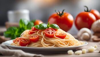 ai generiert Spaghetti mit Tomate Soße foto