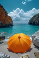 ai generiert ein Orange Regenschirm auf ein verlassen Strand gegen das Hintergrund von das Meer foto