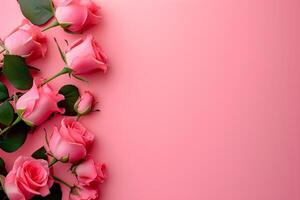 ai generiert Valentinstag Tag Banner mit Rose Blumen und Herzen auf Rosa Hintergrund foto