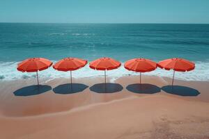 ai generiert ein rot Regenschirm auf ein verlassen Strand gegen das Hintergrund von das Meer foto