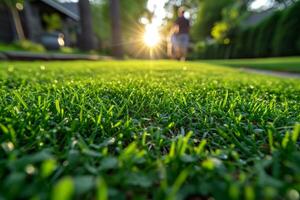 ai generiert Grün Rasen in der Nähe von das Haus im das Sonnenlicht, schön Sommer- Hintergrund foto