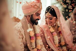 ai generiert indisch Braut und Bräutigam beim ein festlich Zeremonie. indisch Hochzeit foto