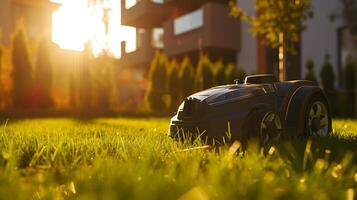 ai generiert ein Roboter Rasen Mäher steht auf das Rasen in der Nähe von das Haus beim Sonnenuntergang foto