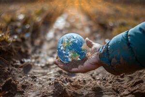 ai generiert Nahansicht von ein des Mannes Hände halten ein Globus von das Erde. Erde Tag Konzept speichern das Welt speichern das Umgebung foto