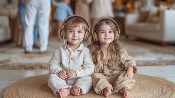 ai generiert zwei traurig Kinder sind Sitzung auf das Fußboden mit Kopfhörer auf gegen das Hintergrund von ihr Eltern' Party foto