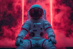 ai generiert ein Astronaut im ein Weiß Raumanzug und Helm, Sitzung auf das Fußboden im ein rot Neon- Licht foto