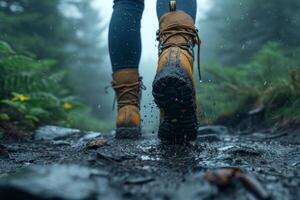 ai generiert ein Mann Gehen durch Schlamm im das Mitte von das Urwald im regnerisch Wetter foto