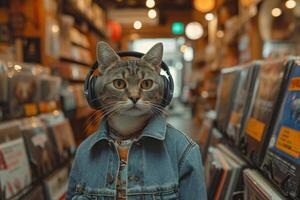 ai generiert ein Katze mit Kopfhörer im ein Musik- Geschäft foto
