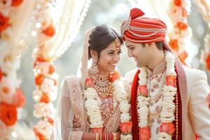 ai generiert indisch Braut und Bräutigam beim ein festlich Zeremonie. indisch Hochzeit foto