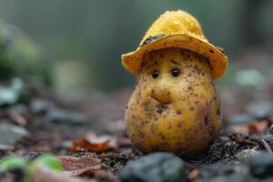 ai generiert Kartoffeln im ein Gelb Hut mit ein traurig Smiley Gesicht foto