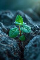 ai generiert das sprießen von das Zukunft Baum macht es ist Weg durch das felsig Oberfläche im das Berge. das Konzept von Leben und Wachstum, Trotz das Schwierigkeiten foto