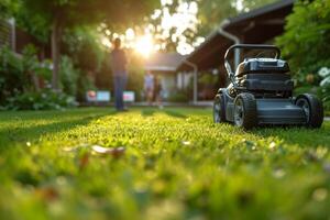 ai generiert ein Benzin Rasen Mäher steht auf das Rasen in der Nähe von das Haus beim Sonnenuntergang foto