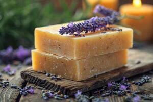 ai generiert handgemacht Seife Lügen auf ein Tabelle mit Lavendel Blumen, ein Strauß von Lavendel auf ein hölzern Tabelle foto