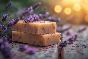 ai generiert handgemacht Seife Lügen auf ein Tabelle mit Lavendel Blumen, ein Strauß von Lavendel auf ein hölzern Tabelle foto