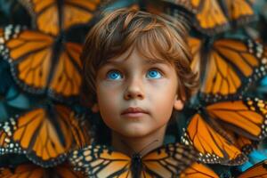 ai generiert ein Junge auf ein Hintergrund von bunt Schmetterlinge. texturiert Hintergrund. 3d Illustration foto