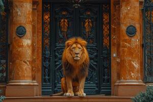 ai generiert ein groß Löwe ist Sitzung Bewachung das Vorderseite Tür von das Haus foto