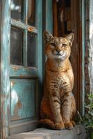 ai generiert ein süß Katze war Sitzung in der Nähe von das Tür Bewachung das Eingang foto