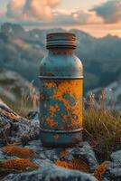 ai generiert ein draussen Thermosflasche Flasche steht auf ein Felsen beim Sonnenuntergang foto