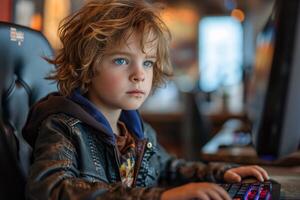 ai generiert ein charmant Streamer Junge ist spielen ein Video Spiel auf ein Computer mit ein Ruhe Ausdruck auf seine Gesicht foto