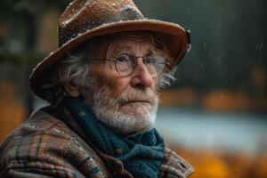 ai generiert Porträt von ein Alten Mann im Nahansicht im ein Herbst Park foto