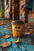 ai generiert Einweg Kaffee Tasse mit ein lächelnd Gesicht auf ein Herbst Hintergrund foto