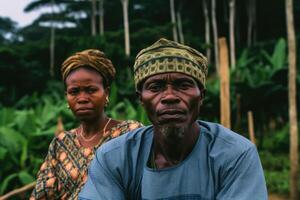 ai generiert Porträt von ein afrikanisch Paar von ein Mann und ein Frau gegen das Hintergrund von afrikanisch Natur. reifen afrikanisch Paar foto