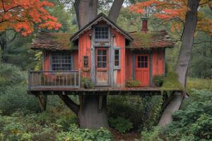 ai generiert süß wenig Baum Haus zum Kinder im das Wald foto