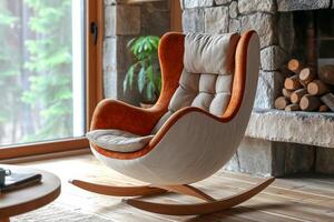 ai generiert Designer schaukeln Stuhl zum entspannend im das Zuhause Innere foto