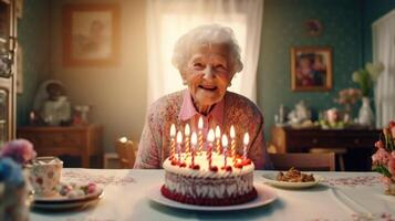 ai generiert ein Alten Frau weht aus das Kerzen auf ein Geburtstag Kuchen beim ihr Zuhause foto