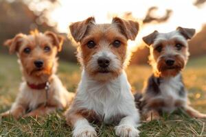 ai generiert Porträt von ein Gruppe von Jack Russell Hunde im Sommer- auf ein Grün Rasen foto