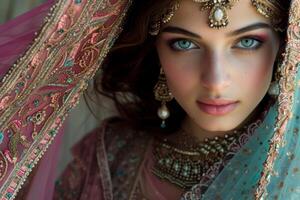 ai generiert schön indisch Braut gekleidet im traditionell Hochzeit Kleider foto
