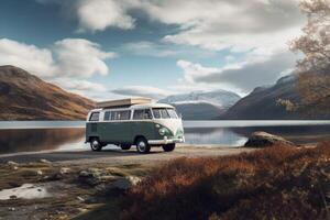 ai generiert Camping in der Nähe von das See im ein Wohnmobil . Camping im ein Wohnmobil van foto