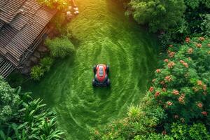 ai generiert ein Roboter Rasen Mäher steht auf das Rasen in der Nähe von das Haus beim Sonnenuntergang foto