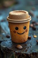 ai generiert ein Einweg Kaffee Tasse mit ein lächelnd Gesicht auf das Tisch. 3d Illustration foto